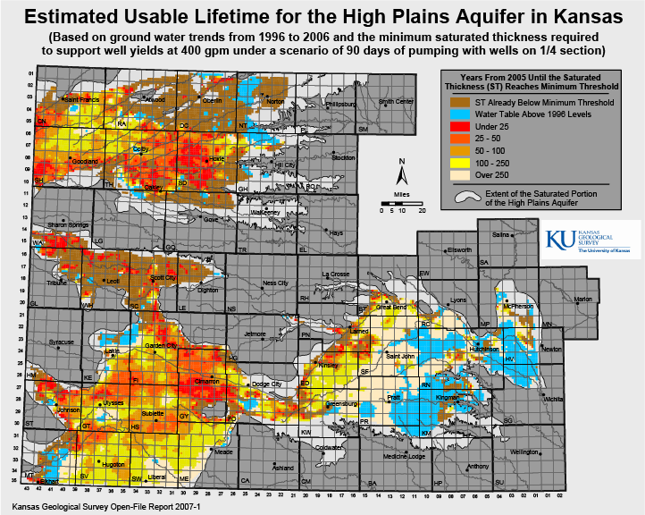 Map showing the estimated usable lifetime of the High Plains Aquifer in Kansas