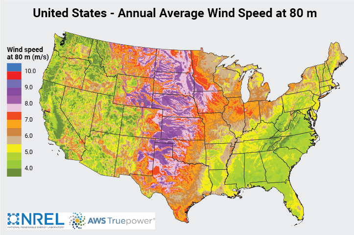 Map showing the average wind speed at 80m in the continential United States
